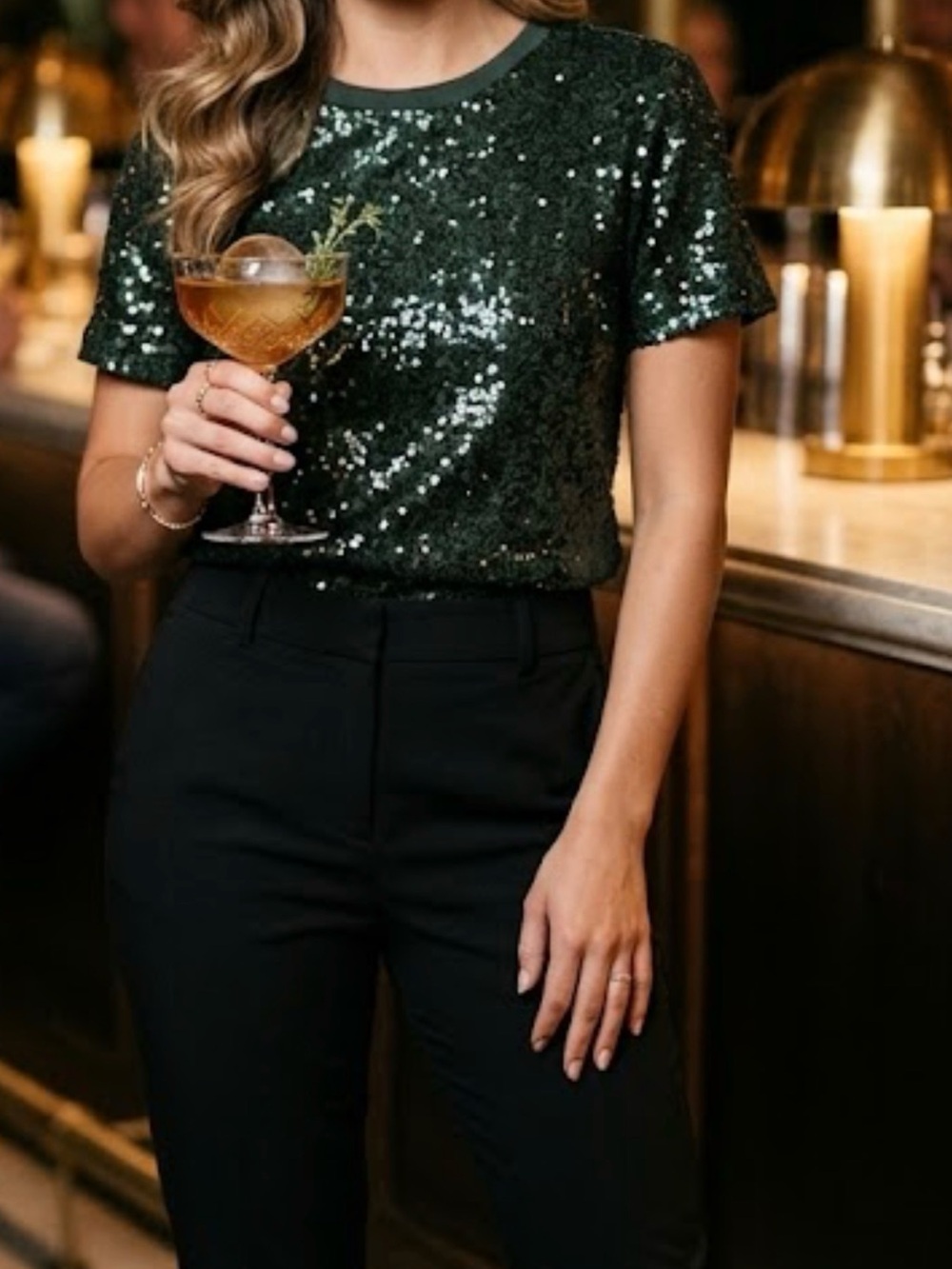 DKNY Sparkling Dark Green Sequin Top